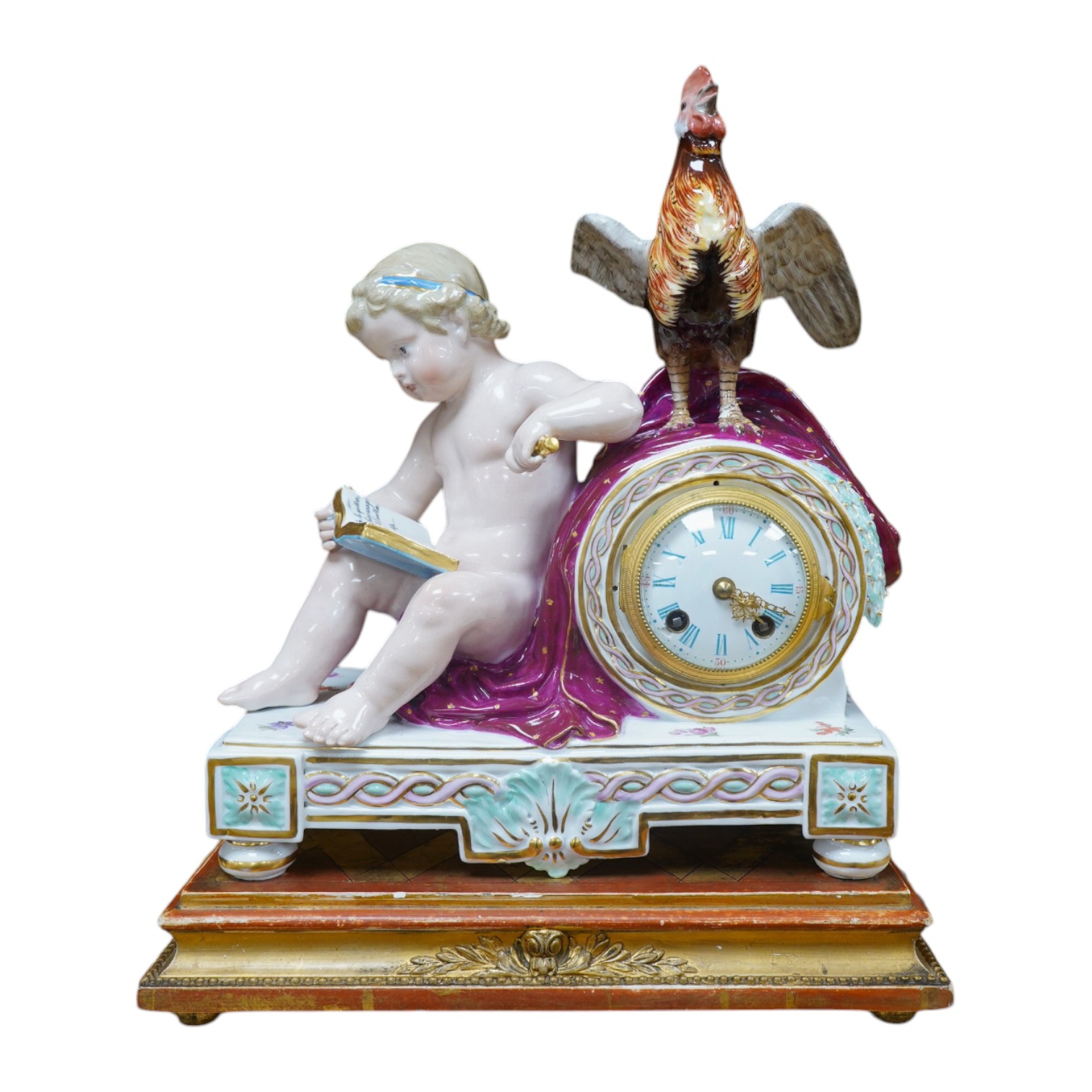 A Meissen figural mantel clock with cockerel surmount, French movement striking on a bell, 29cm high. Condition - poor